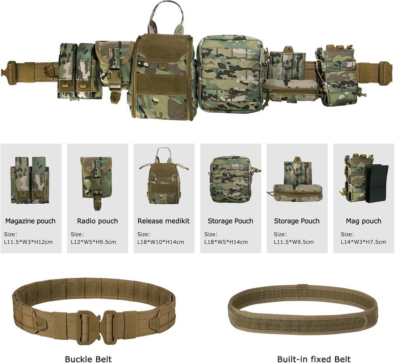 PIKEON Tactical Belt Battle Law Enforcement Molle Airsoft Duty Belt Quick-Release with Pouches 8 in 1 (CAMOU) - Image 5